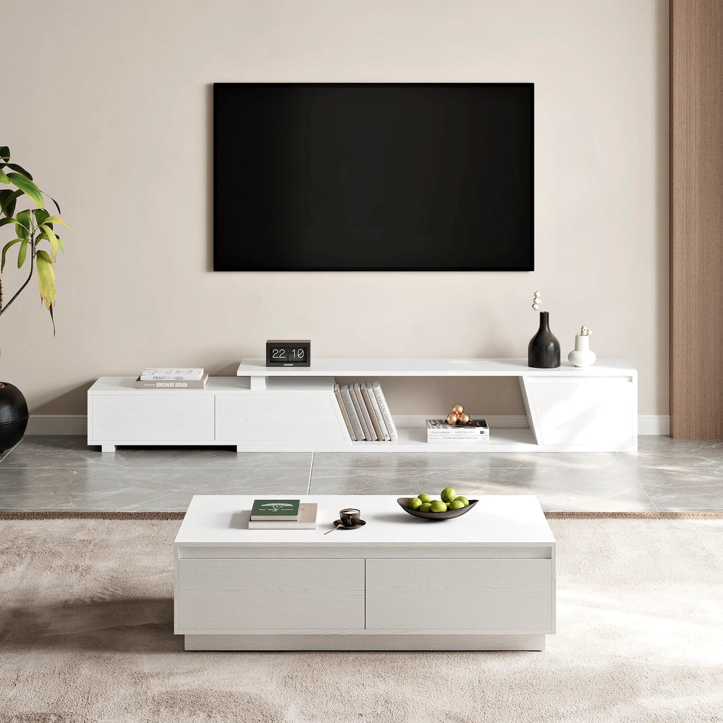 Ensemble meuble TV Fero en bois blanc, meuble TV extensible et table basse rectangulaire