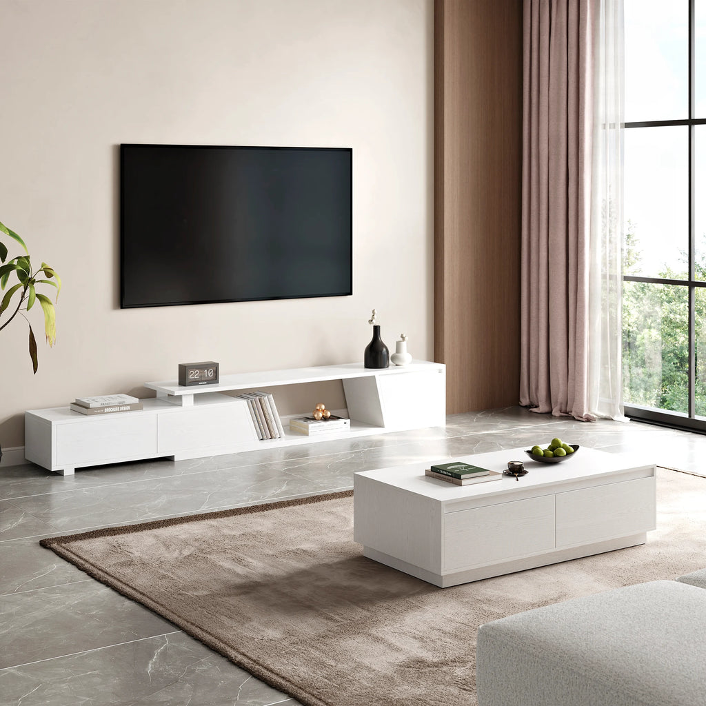Ensemble meuble TV Fero en bois blanc, meuble TV extensible et table basse rectangulaire