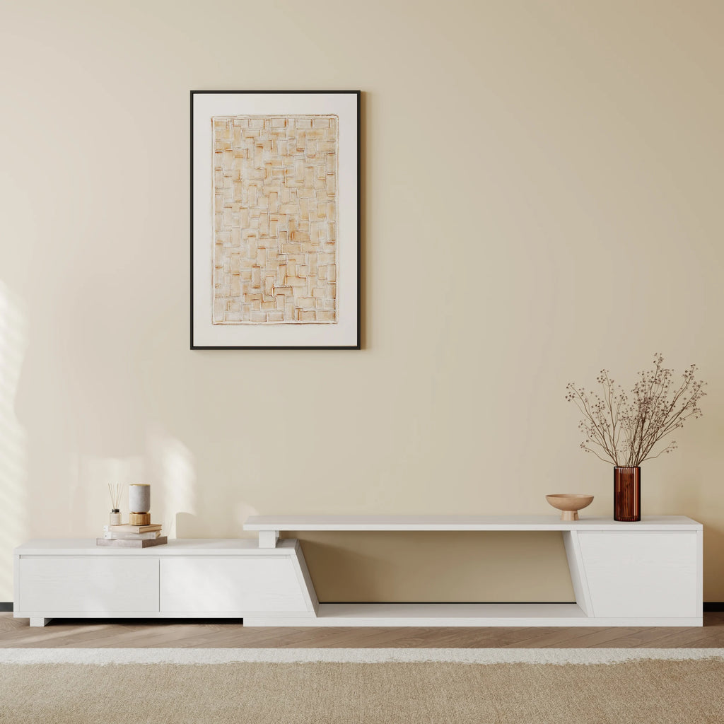 Ensemble meuble TV Fero en bois blanc, meuble TV extensible et table basse rectangulaire
