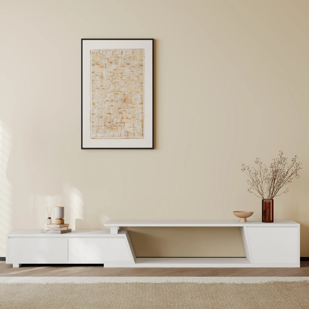Ensemble meuble TV Fero en bois blanc, meuble TV extensible et table basse rectangulaire
