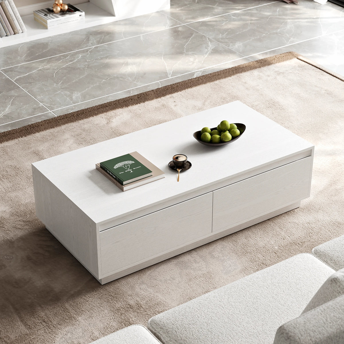 Ensemble meuble TV Fero en bois blanc, meuble TV extensible et table basse rectangulaire