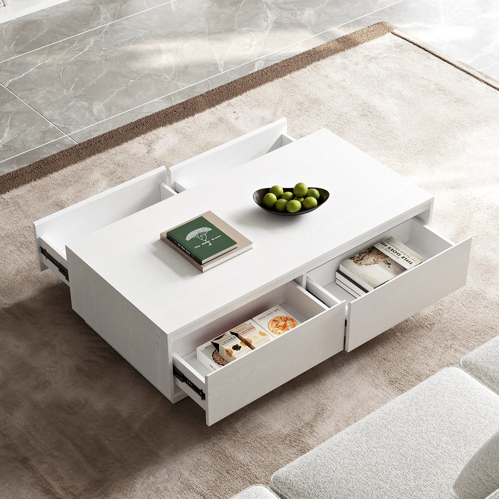 Ensemble meuble TV Fero en bois blanc, meuble TV extensible et table basse rectangulaire