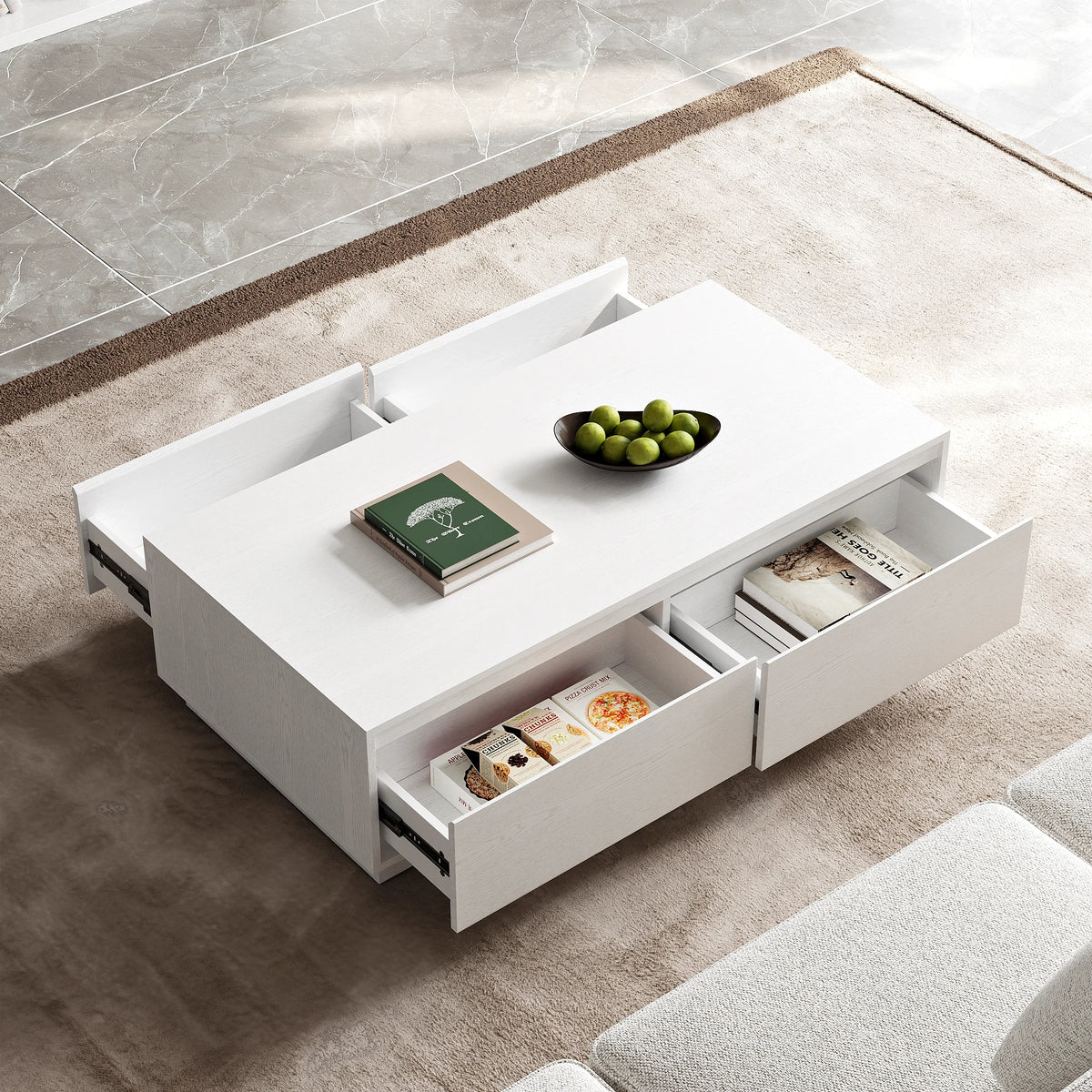 Ensemble meuble TV Fero en bois blanc, meuble TV extensible et table basse rectangulaire