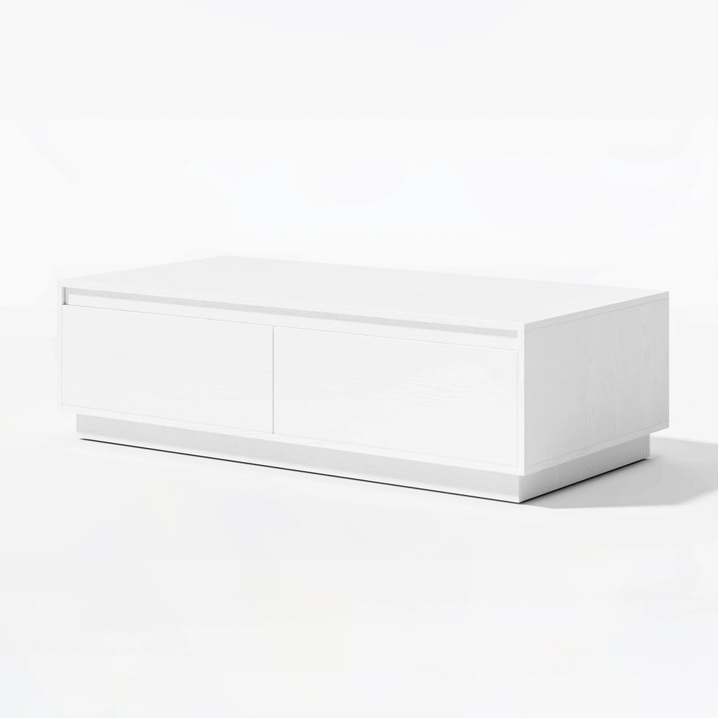Ensemble meuble TV Fero en bois blanc, meuble TV extensible et table basse rectangulaire