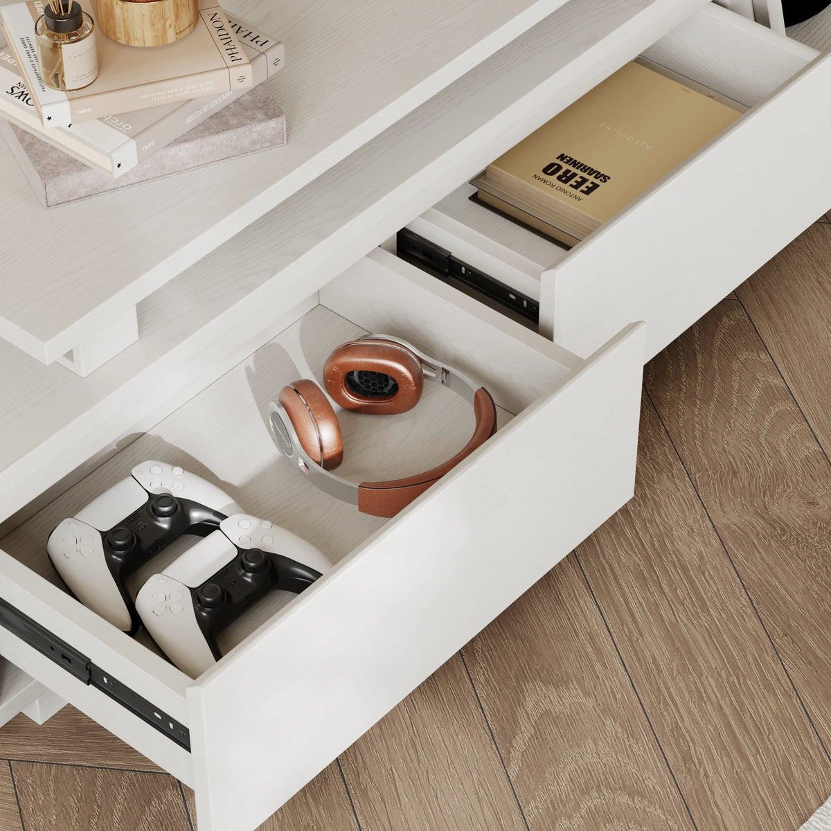 Ensemble meuble TV Fero en bois blanc, meuble TV extensible et table basse rectangulaire