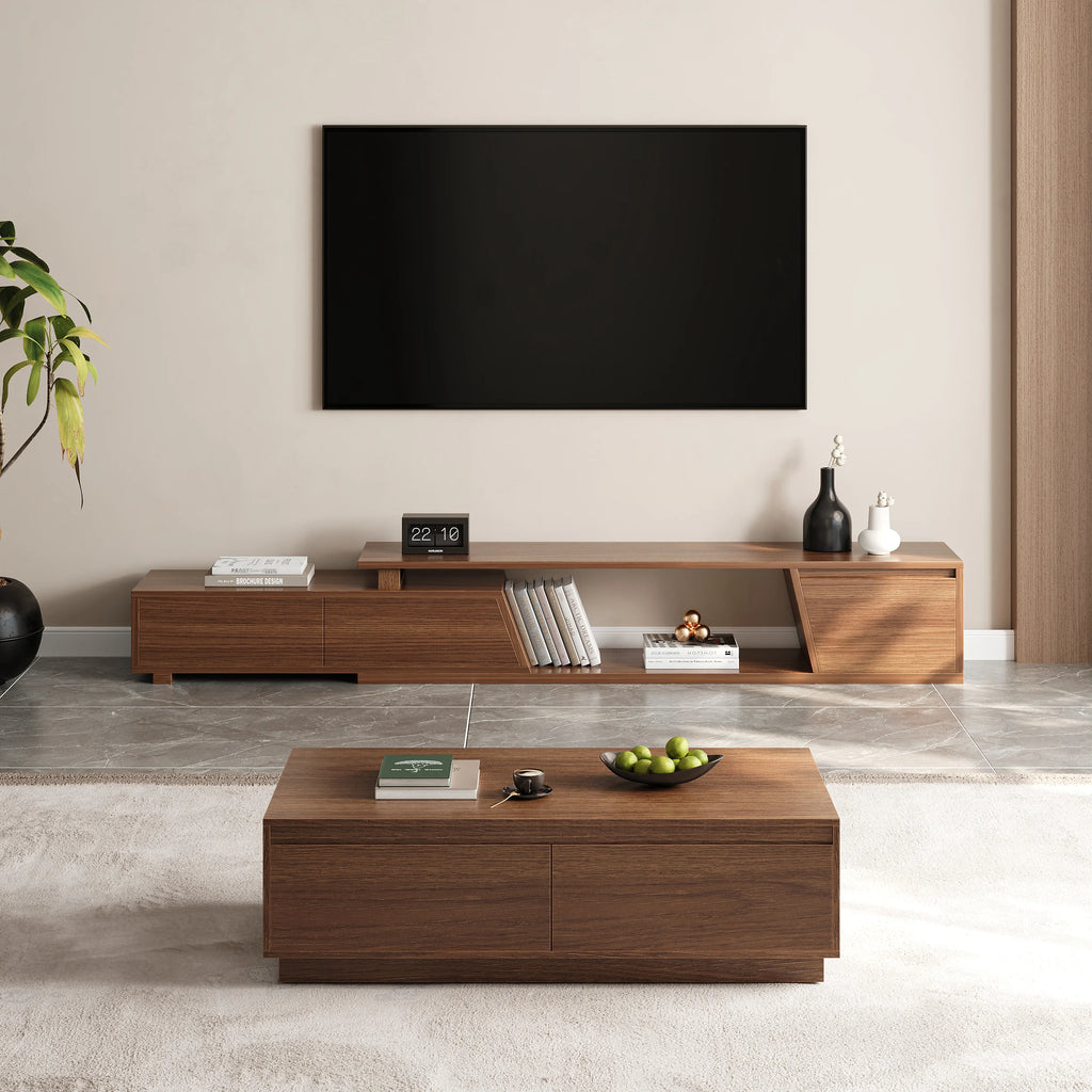 Ensemble table basse Fero rectangulaire et meuble TV extensible en noyer avec 3 tiroirs