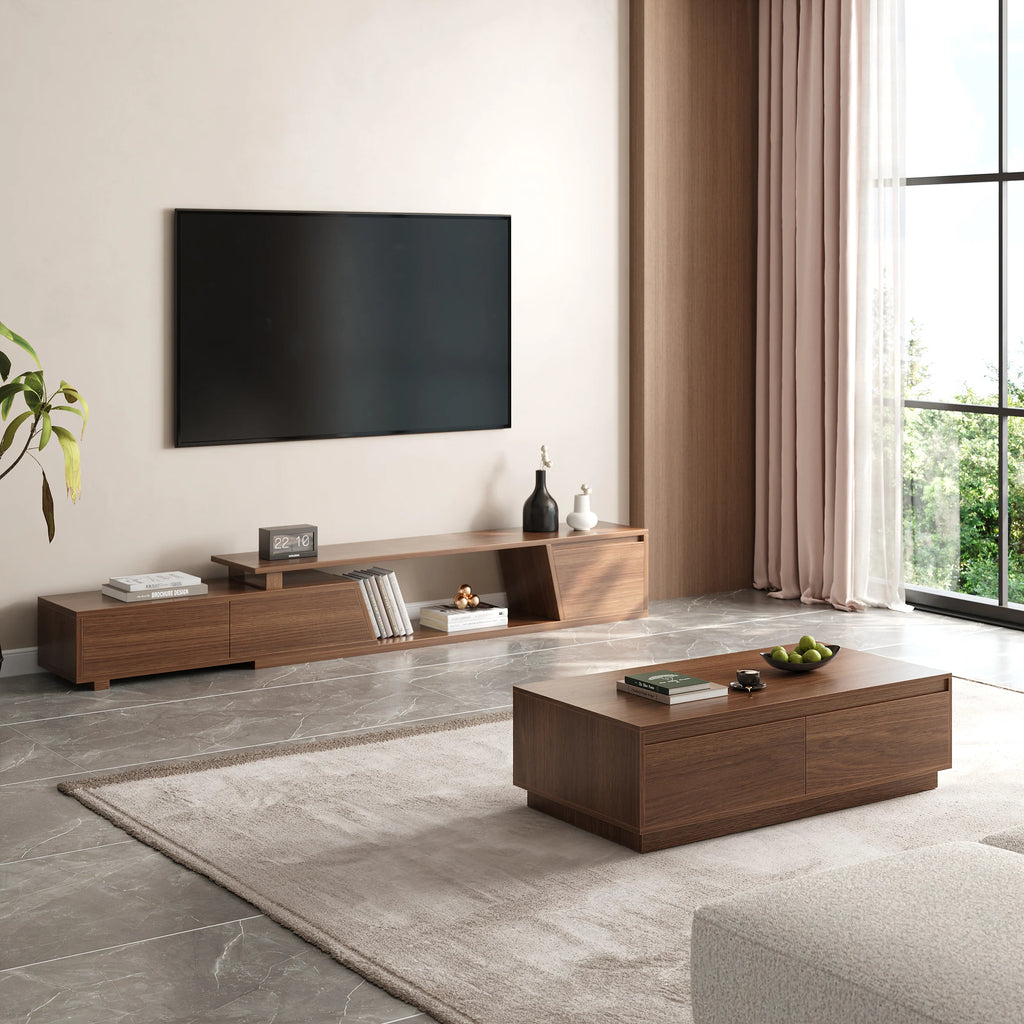 Ensemble table basse Fero rectangulaire et meuble TV extensible en noyer avec 3 tiroirs