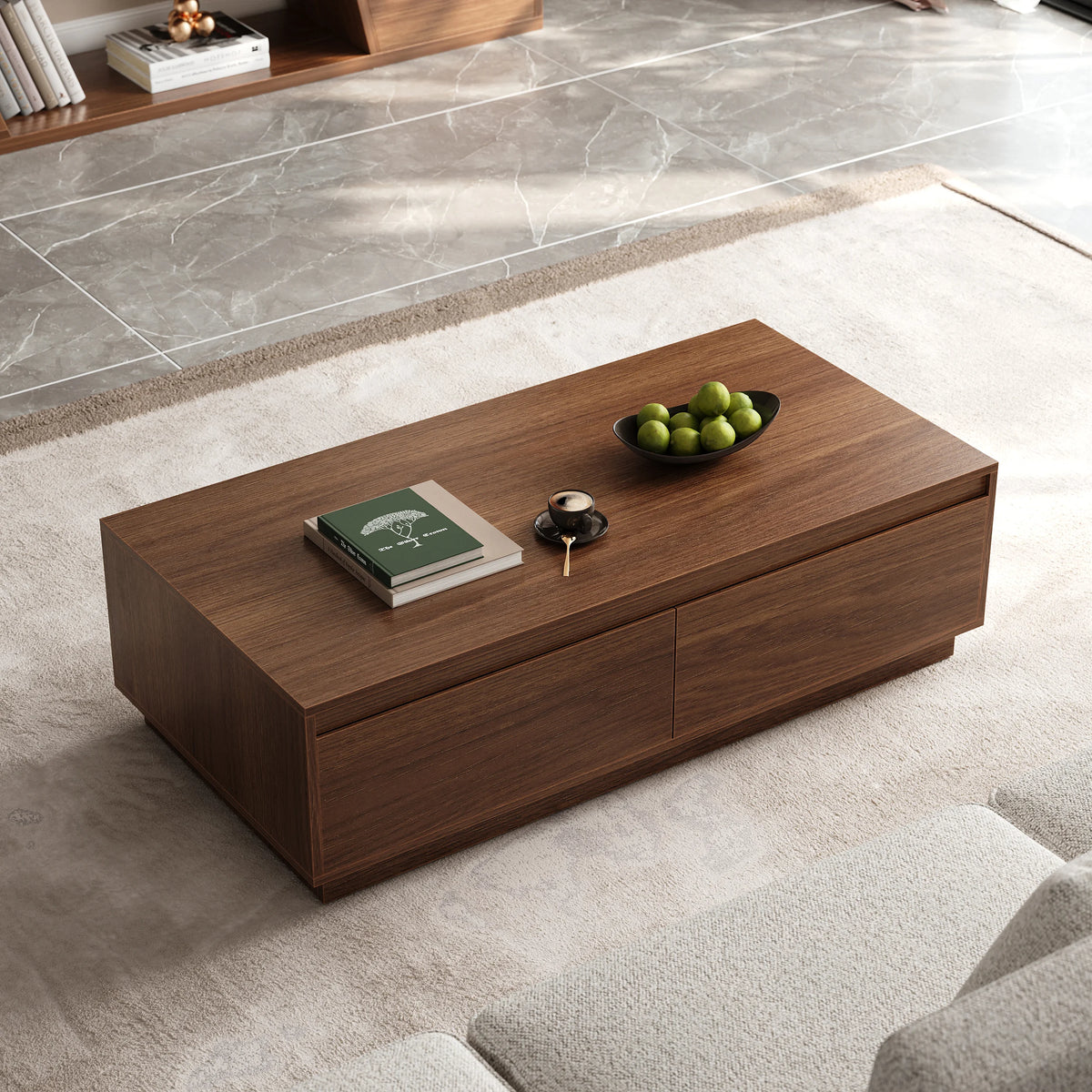 Ensemble table basse Fero rectangulaire et meuble TV extensible en noyer avec 3 tiroirs