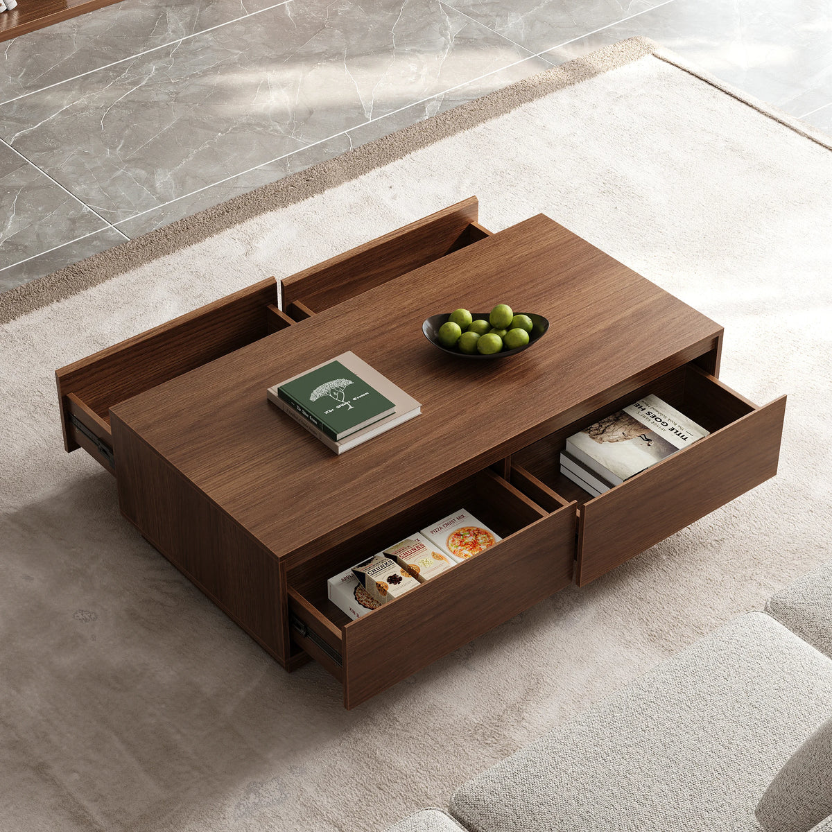 Ensemble table basse Fero rectangulaire et meuble TV extensible en noyer avec 3 tiroirs