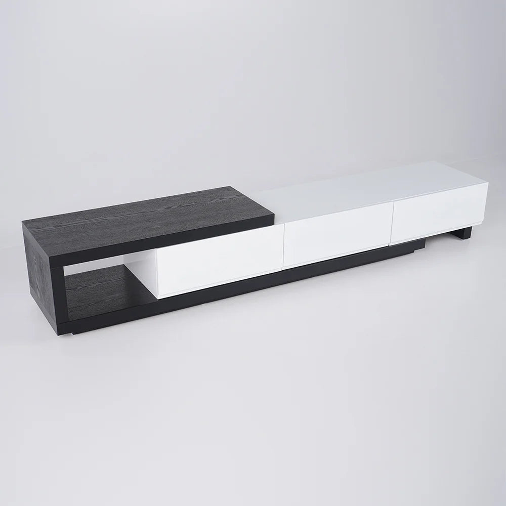 Meuble TV extensible Quoint 180 à 255 cm avec 3 tiroirs Blanc & noir