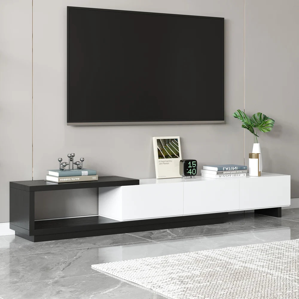 Meuble TV extensible Quoint 180 à 255 cm avec 3 tiroirs Blanc & noir