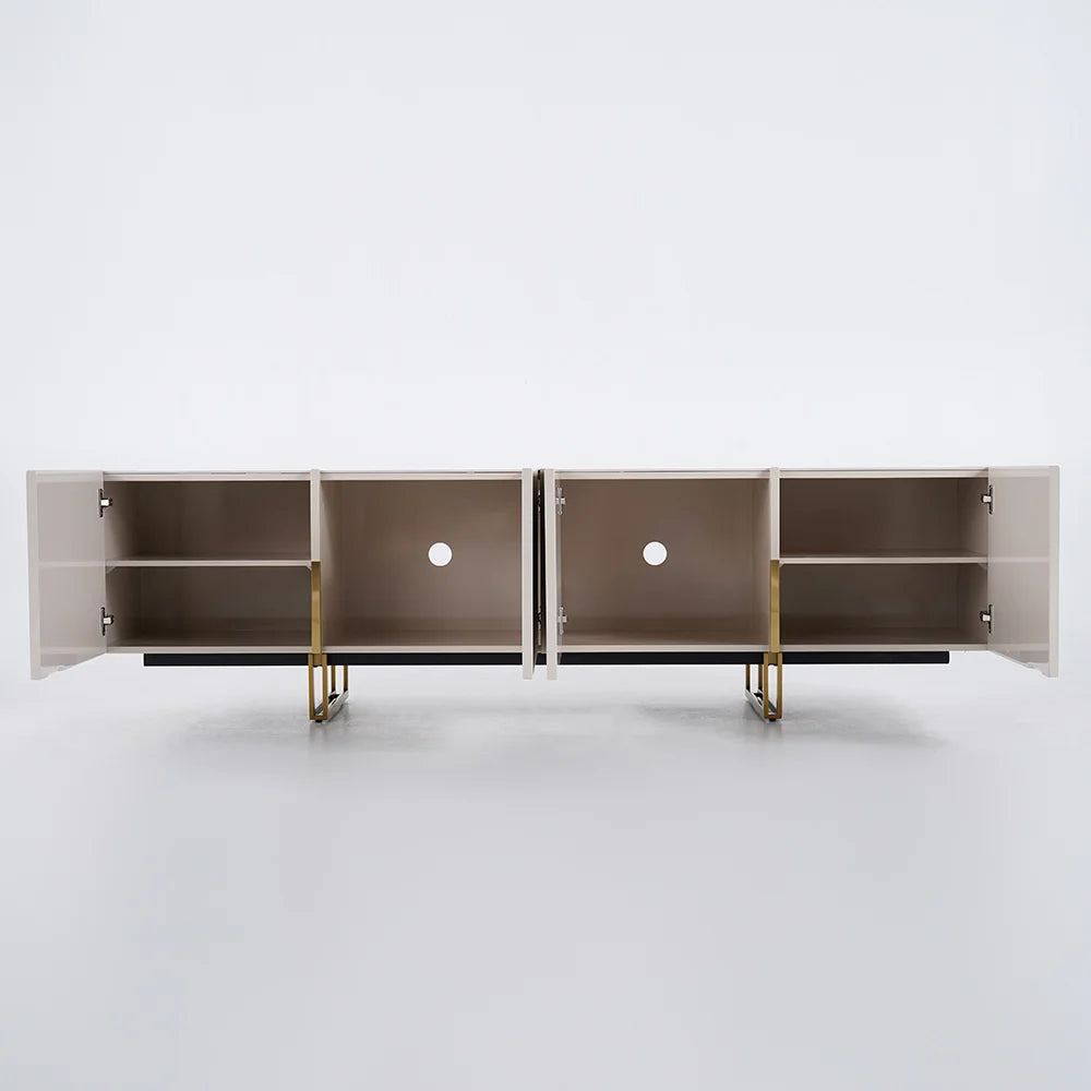 Meuble TV Grovyn 200 cm avec plateau en pierre frittée et design cannelé Ivoire brillant