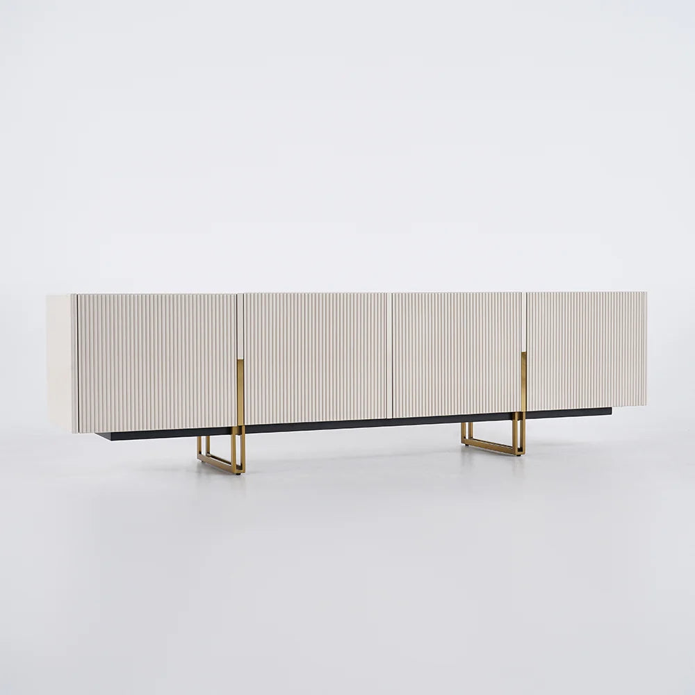 Meuble TV Grovyn 200 cm avec plateau en pierre frittée et design cannelé Ivoire brillant