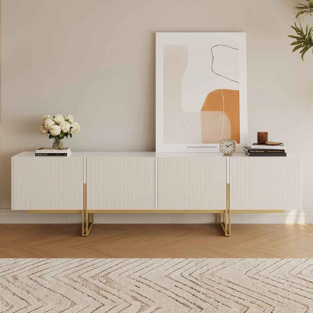 Meuble TV Grovyn 200 cm avec plateau en pierre frittée et design cannelé Ivoire brillant