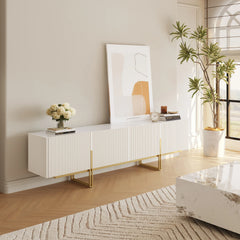 Meuble TV Grovyn 200 cm avec plateau en pierre frittée et design cannelé Ivoire brillant