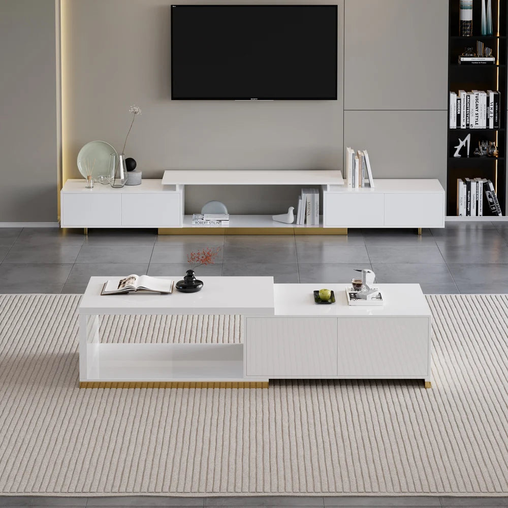 Ensemble meuble tv extensible et table basse Mordel blanc brillant