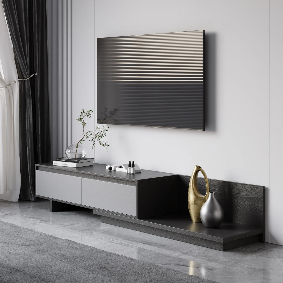 Meuble TV extensible gris Fero avec 2 tiroirs (1200 mm-2000 mm)