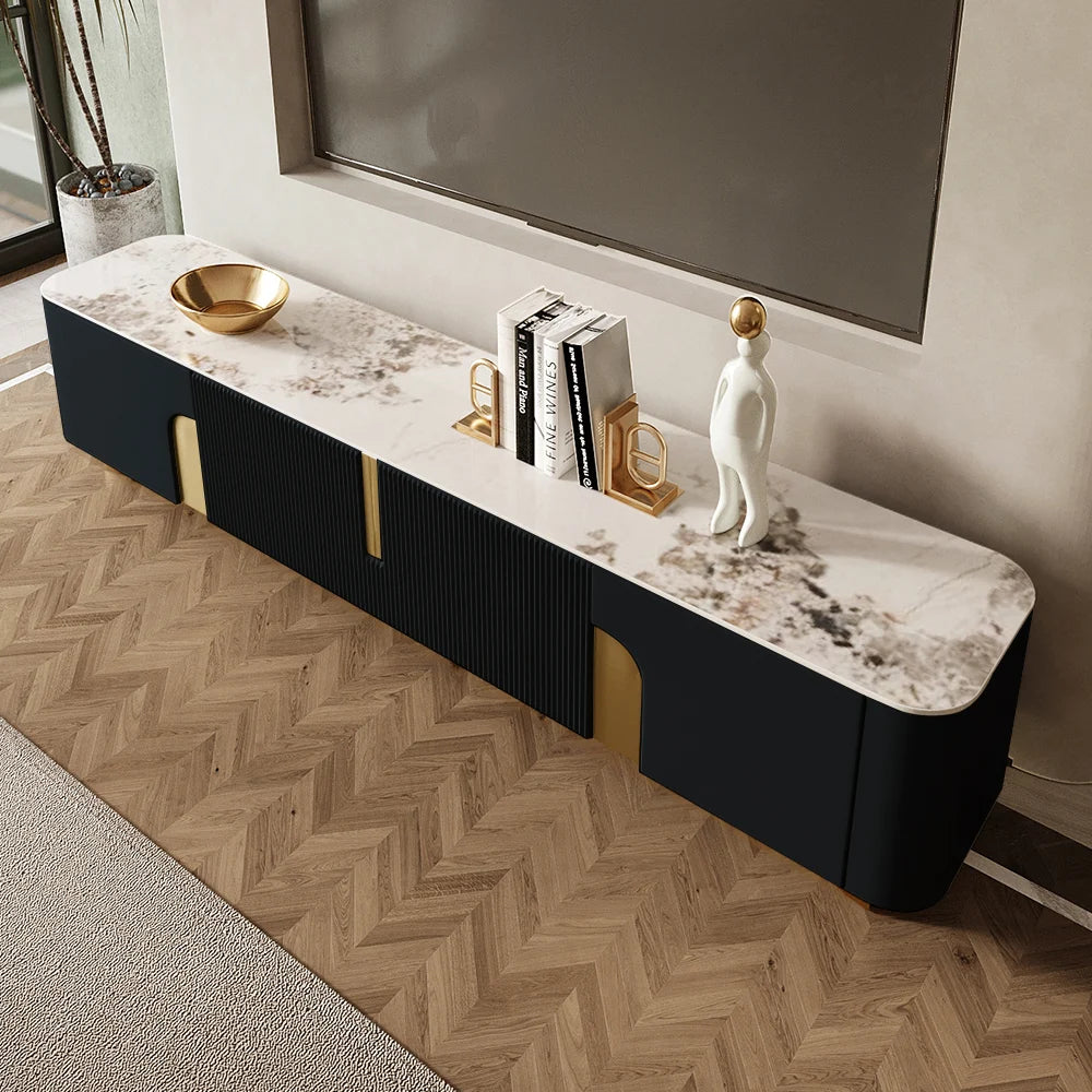 Artus Meuble TV Moderne Noir 4 Portes Dessus en Pierre avec Rangement Console Multimédia Télévisions Jusqu'à 2159mm