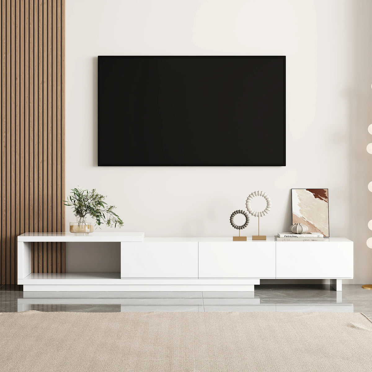 Meuble TV extensible Quoint 180 à 255 cm avec 3 tiroirs Blanc