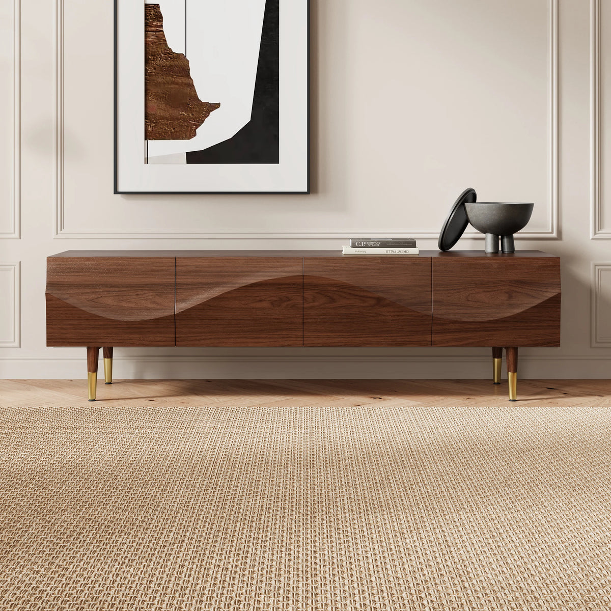 Meuble TV Lake Mid Century avec tiroirs de rangement en noyer au design ondulé pour téléviseurs jusqu'à 1905 mm
