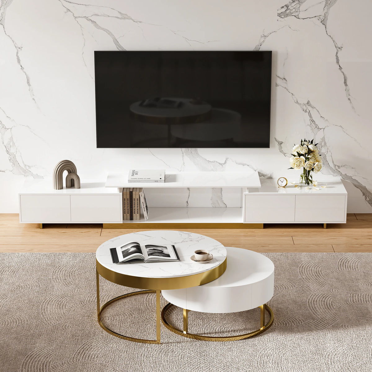 Ensemble meuble TV extensible brillant et table basse gigogne