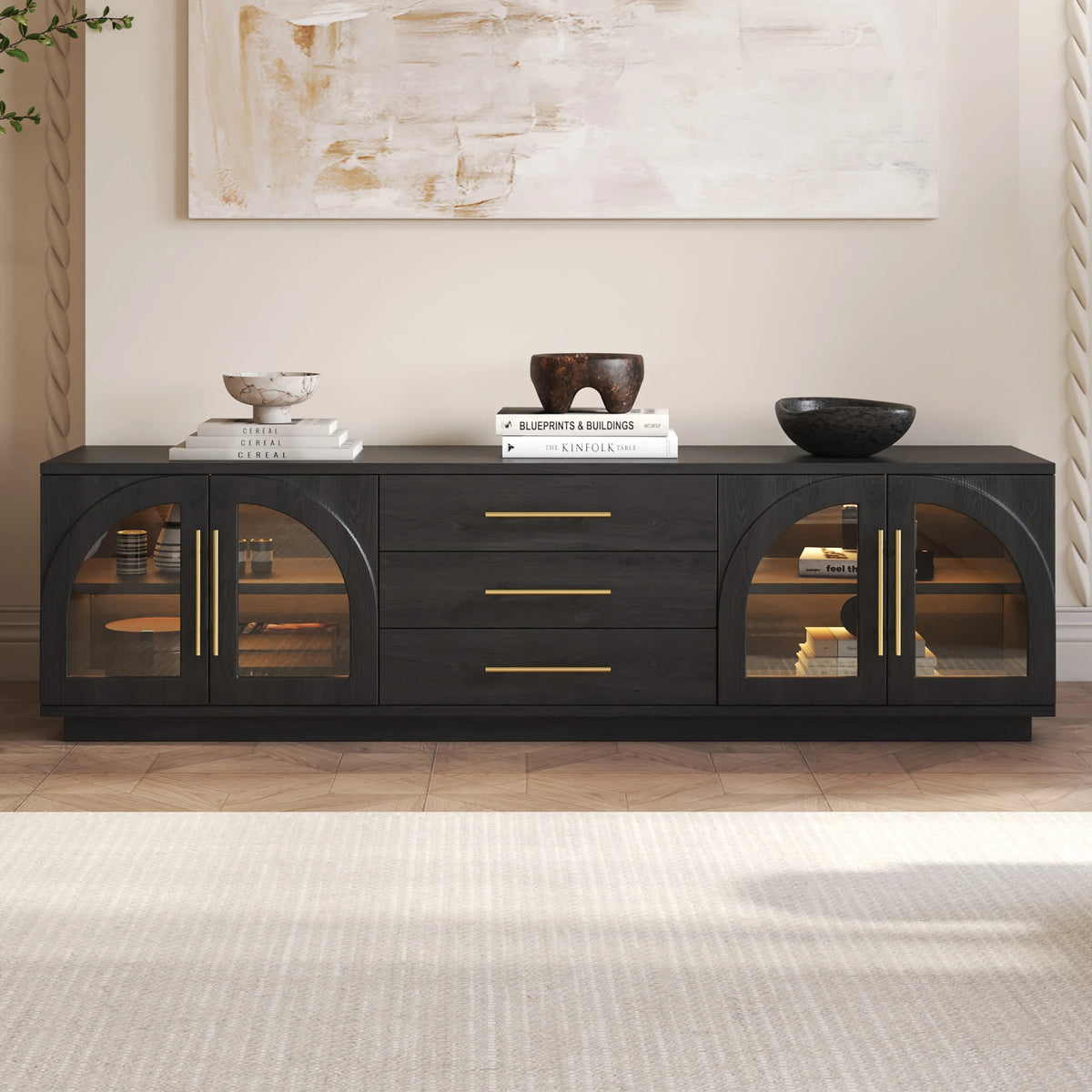 Meuble TV Arune 183 cm avec portes vitrées arquées, noir, avec rangement et LED