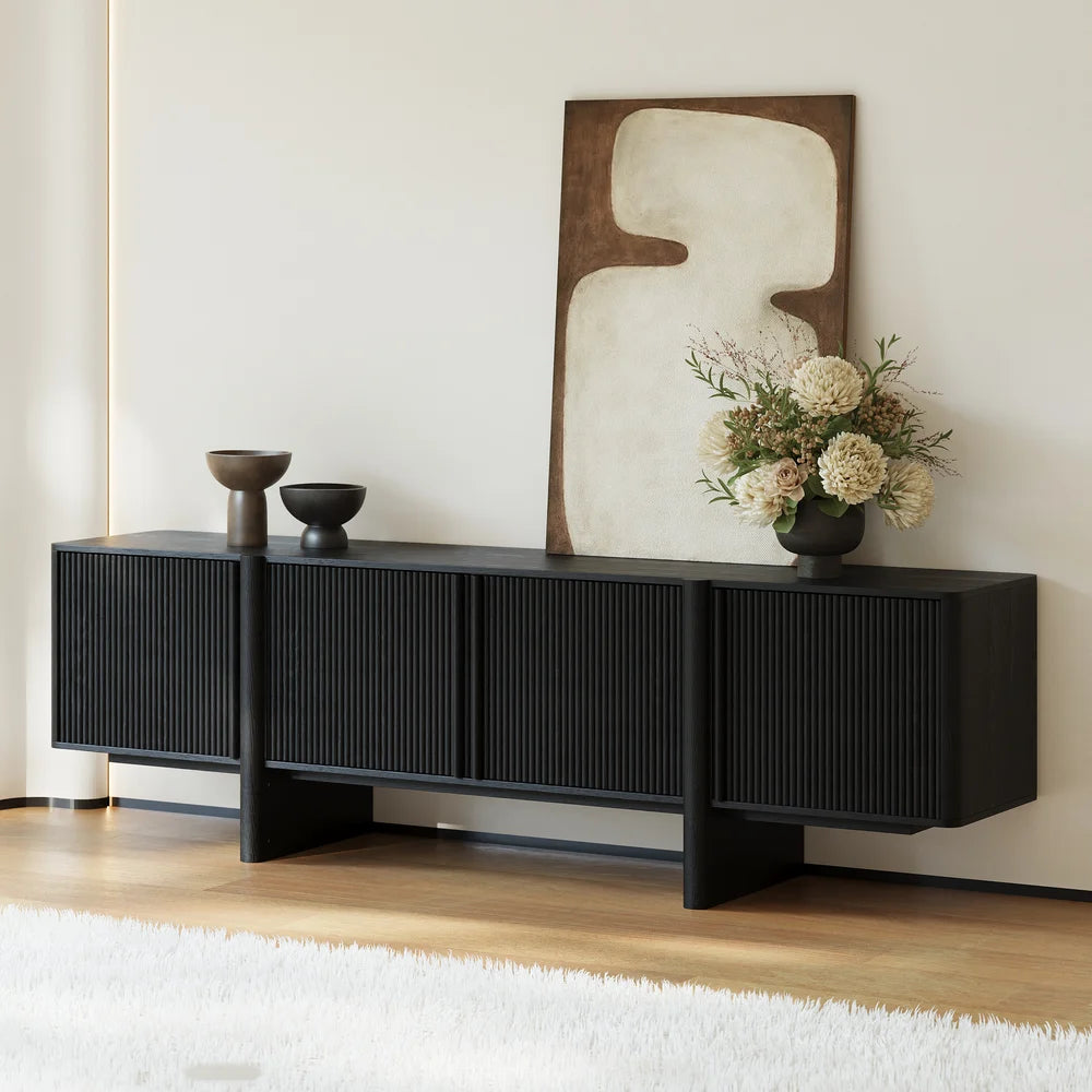 Meuble TV noir cannelé en bois de frêne de 203 cm avec rangements