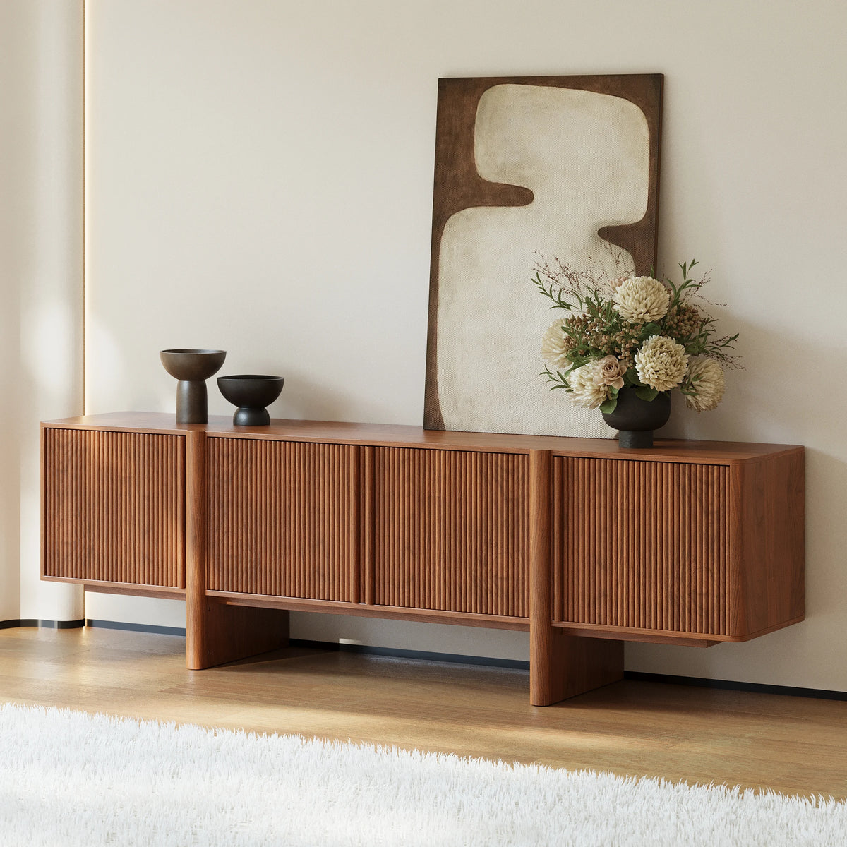 Meuble TV 203 cm en frêne avec noyer cannelé et rangements