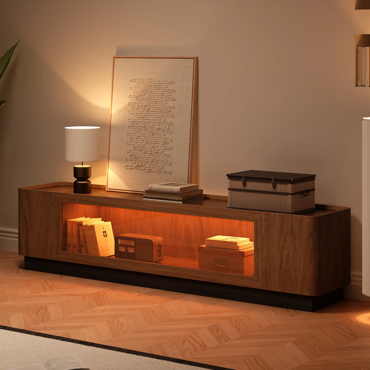 Meuble TV Noyer 200 cm avec portes en verre, rangement et LED
