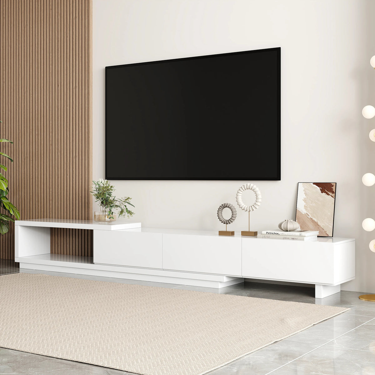 Meuble TV extensible Quoint 180 à 255 cm avec 3 tiroirs Blanc