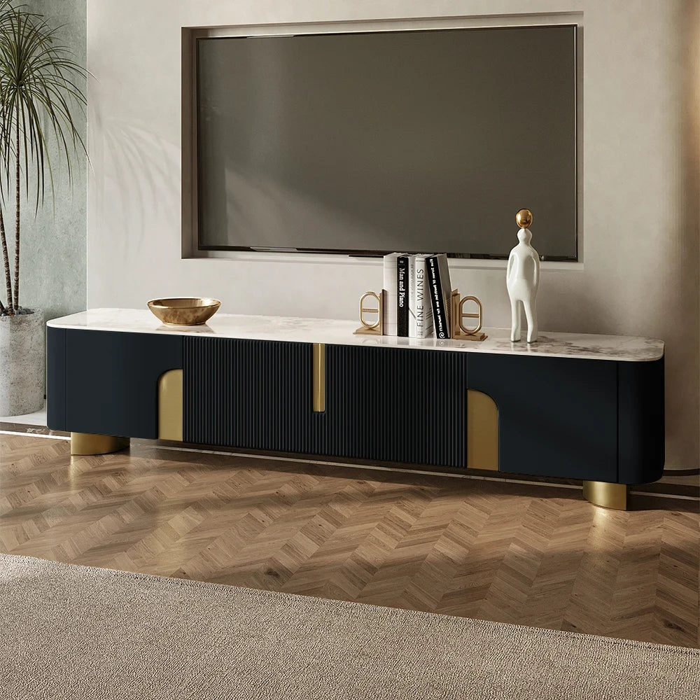 Artus Meuble TV Moderne Noir 4 Portes Dessus en Pierre avec Rangement Console Multimédia Télévisions Jusqu'à 2159mm