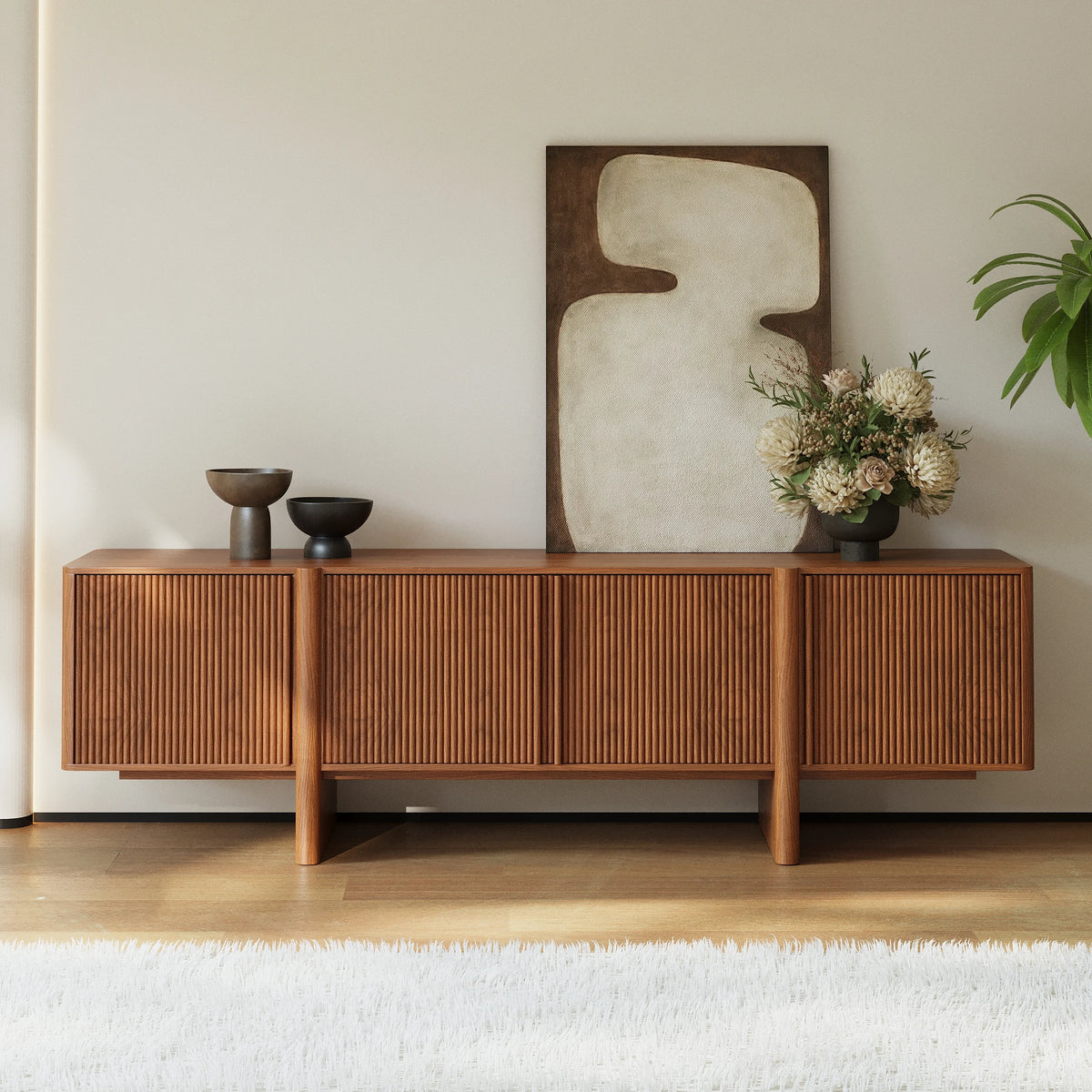Meuble TV 203 cm en frêne avec noyer cannelé et rangements