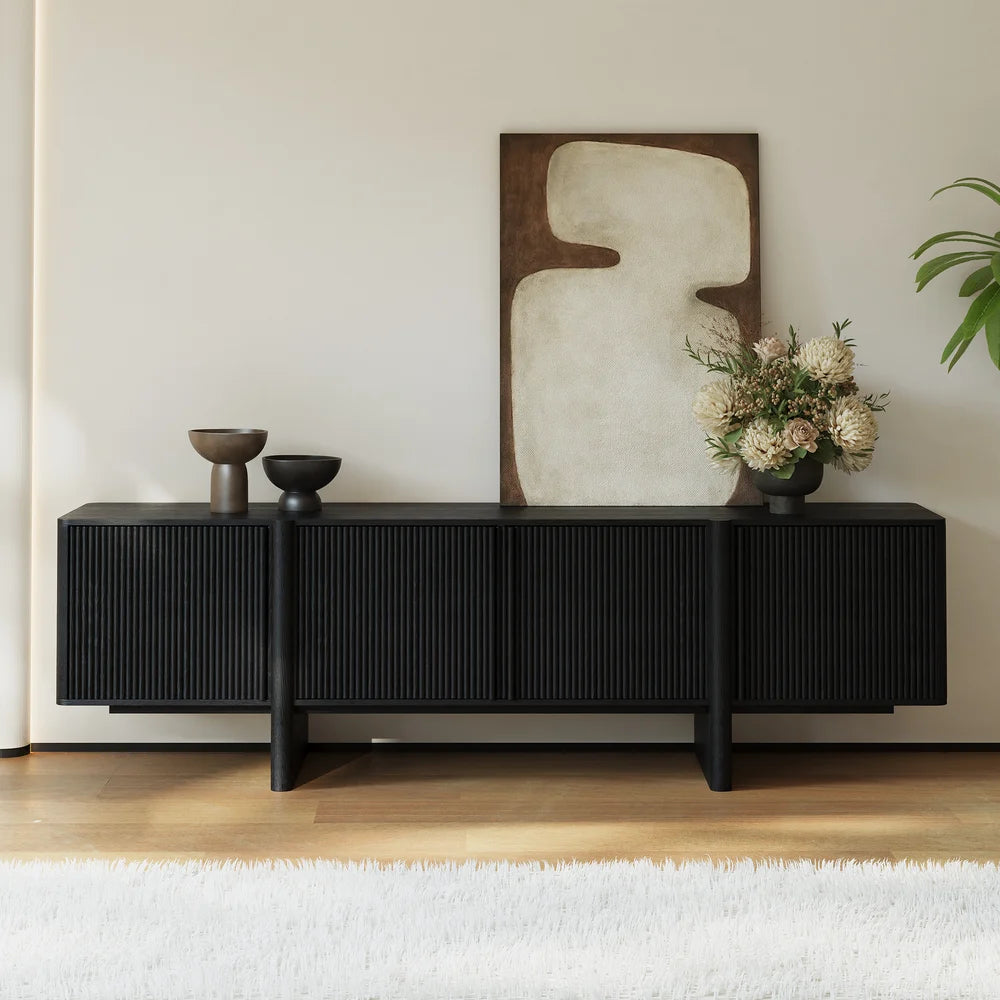 Meuble TV noir cannelé en bois de frêne de 203 cm avec rangements
