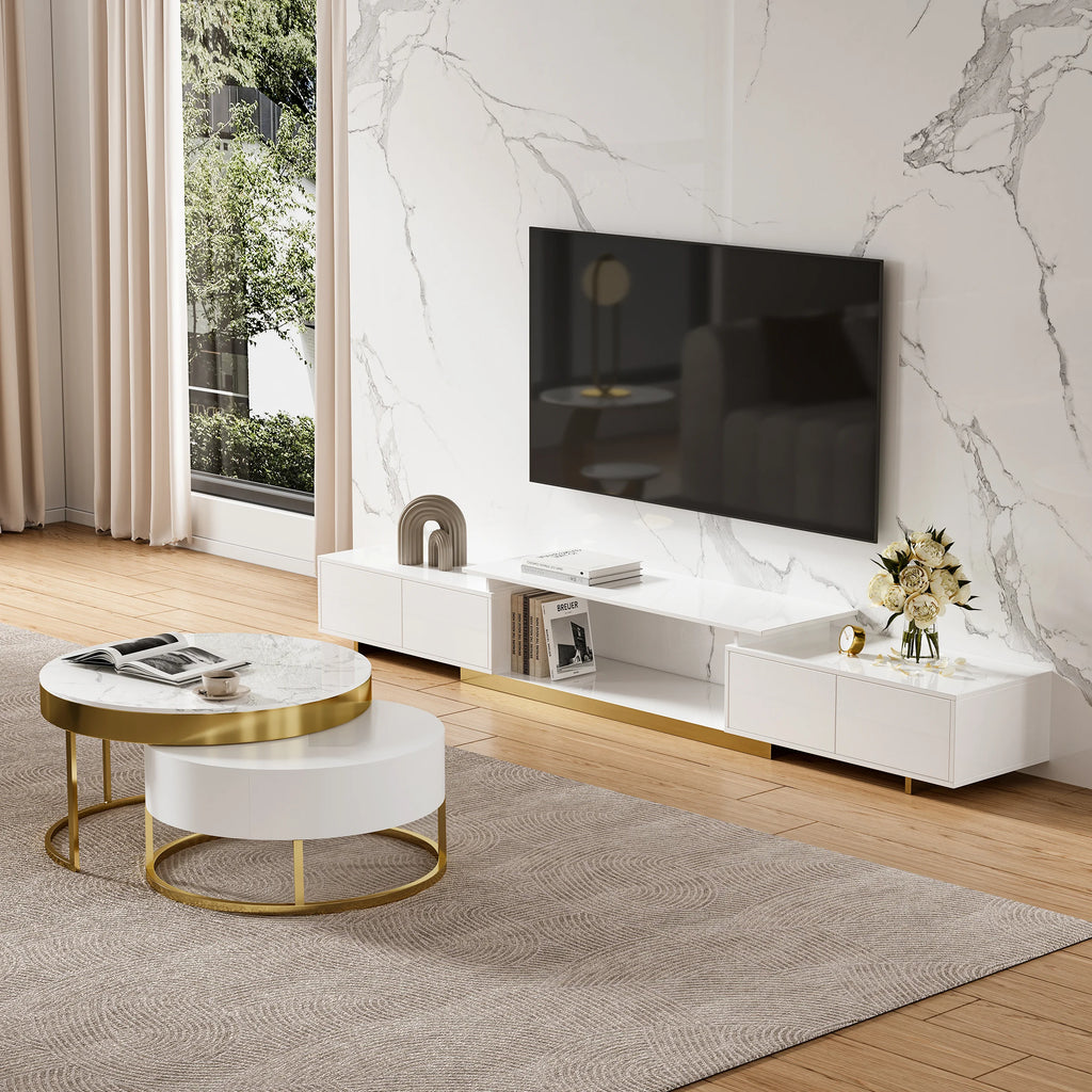 Ensemble meuble TV extensible brillant et table basse gigogne