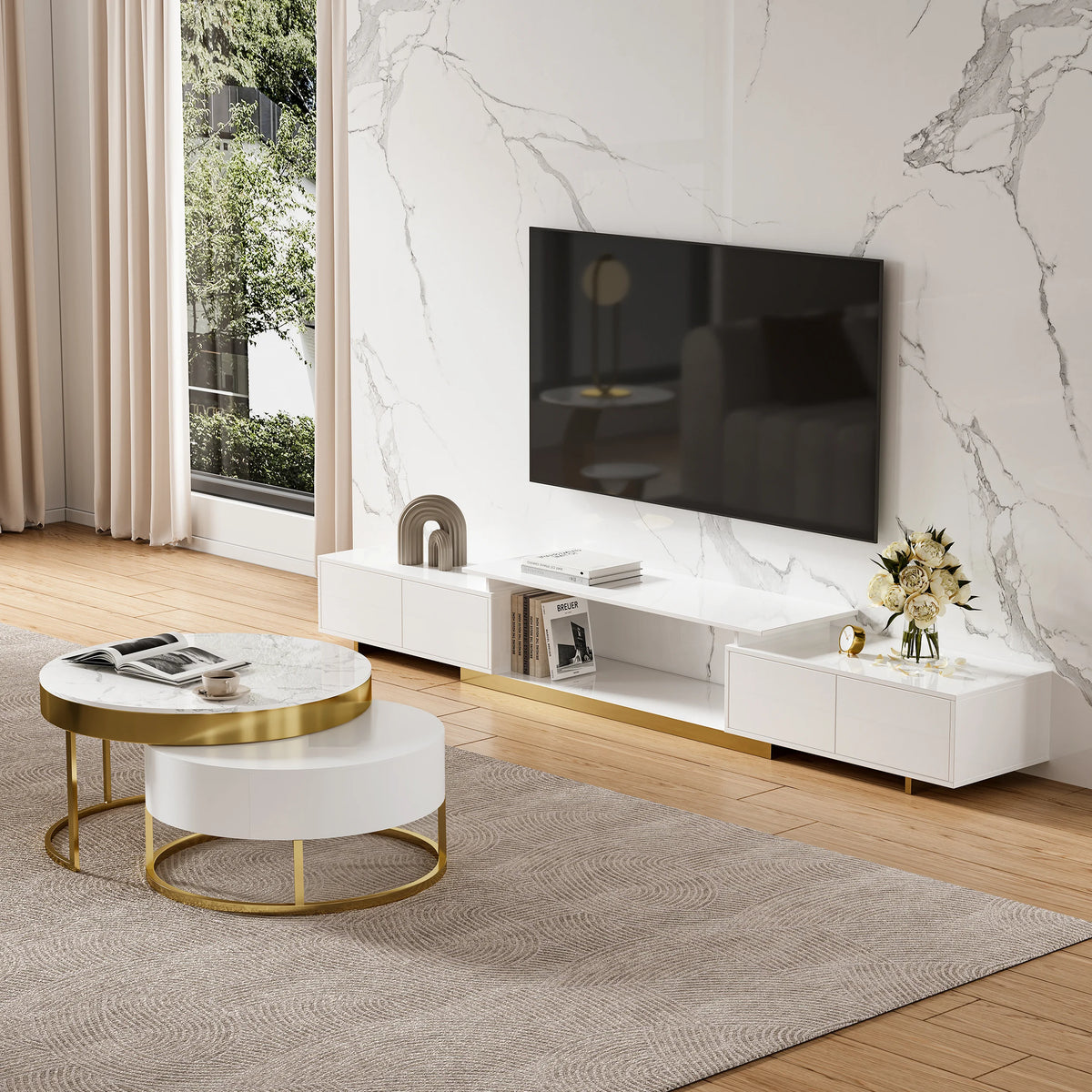 Ensemble meuble TV extensible brillant et table basse gigogne