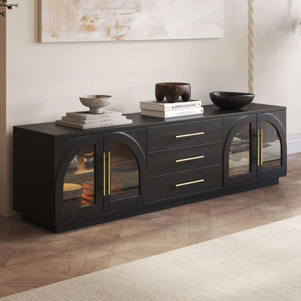Meuble TV Arune 183 cm avec portes vitrées arquées, noir, avec rangement et LED