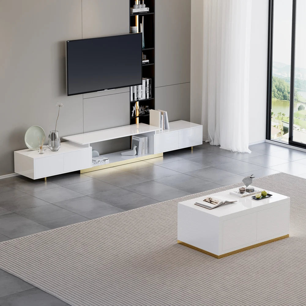 Ensemble meuble tv extensible et table basse Mordel blanc brillant