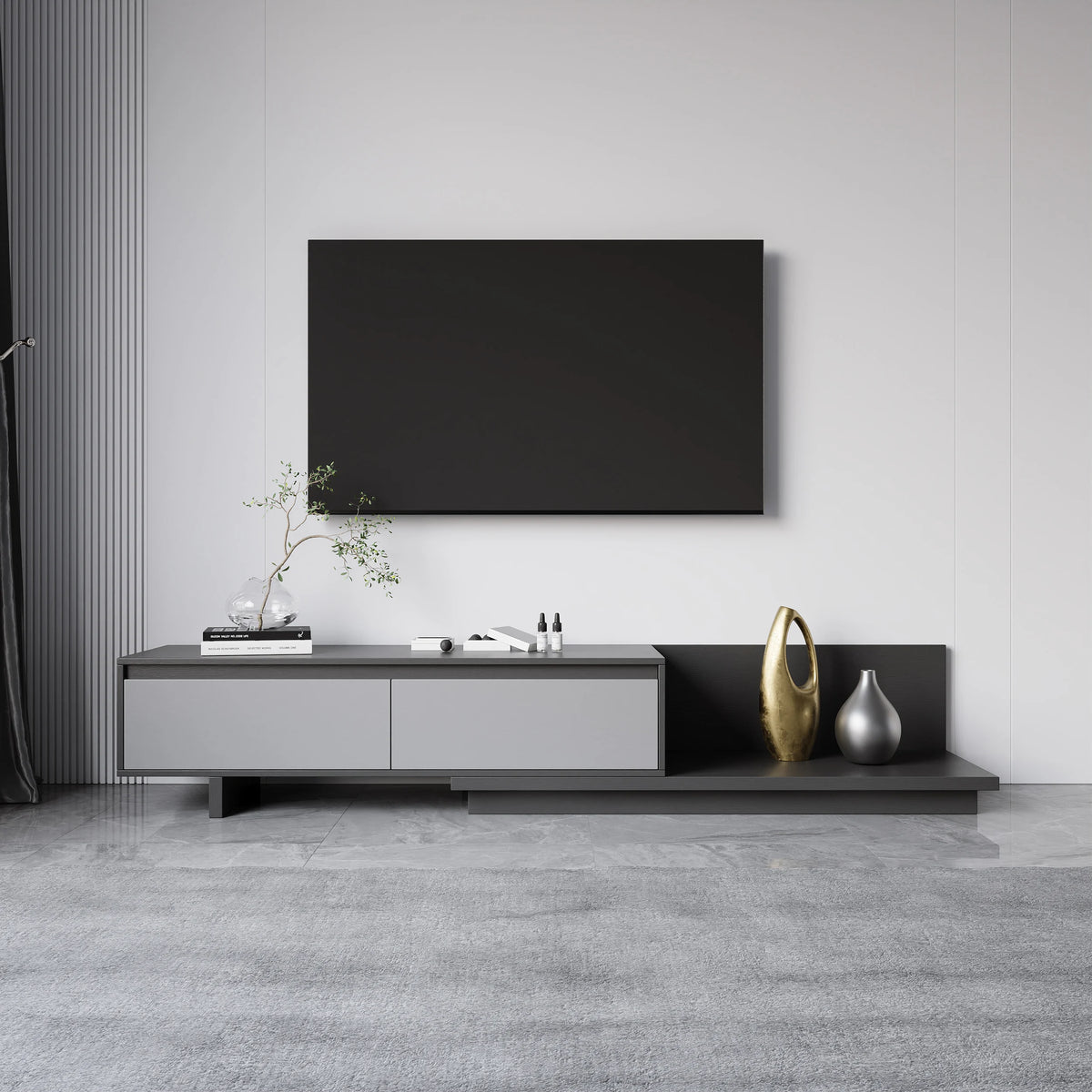 Meuble TV extensible gris Fero avec 2 tiroirs (1200 mm-2000 mm)