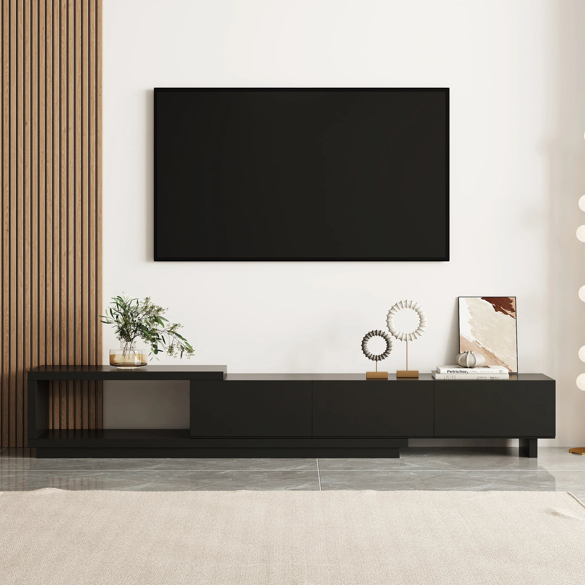 Meuble TV extensible Quoint 180 à 255 cm avec 3 tiroirs Noir