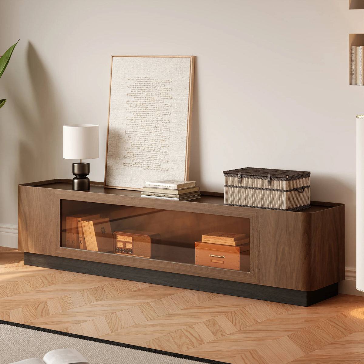 Meuble TV Noyer 200 cm avec portes en verre, rangement et LED