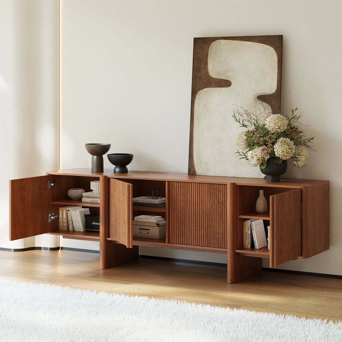 Meuble TV 203 cm en frêne avec noyer cannelé et rangements