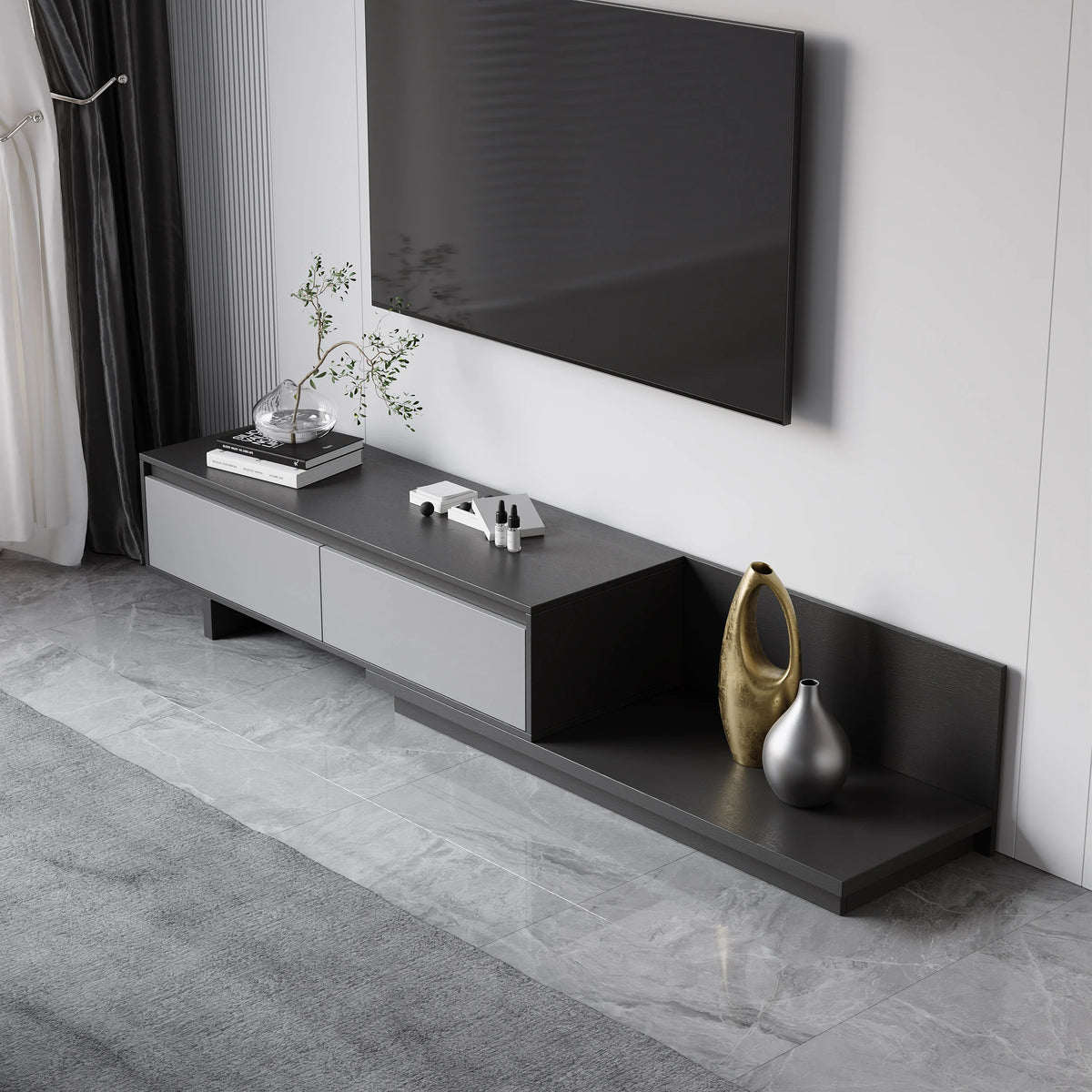 Meuble TV extensible gris Fero avec 2 tiroirs (1200 mm-2000 mm)