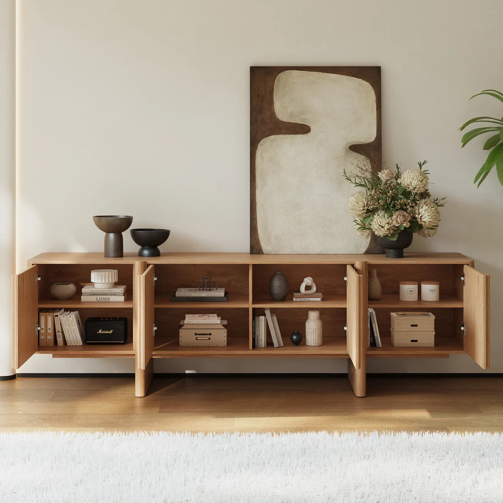Meuble TV en bois de frêne cannelé naturel de 203 cm avec armoires