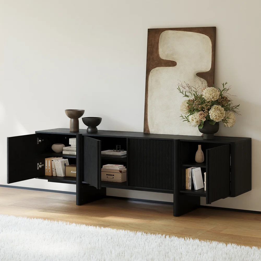 Meuble TV noir cannelé en bois de frêne de 203 cm avec rangements