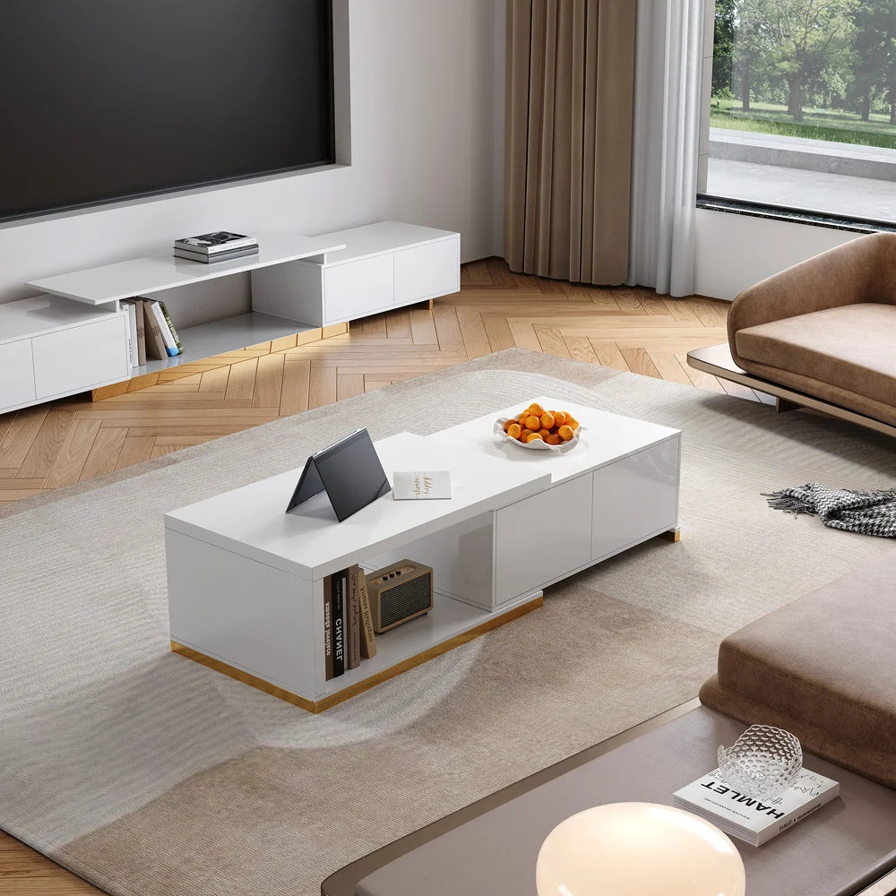 Ensemble meuble tv extensible et table basse Mordel blanc brillant