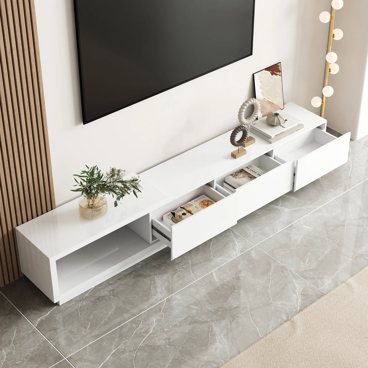 Meuble TV extensible Quoint 180 à 255 cm avec 3 tiroirs Blanc