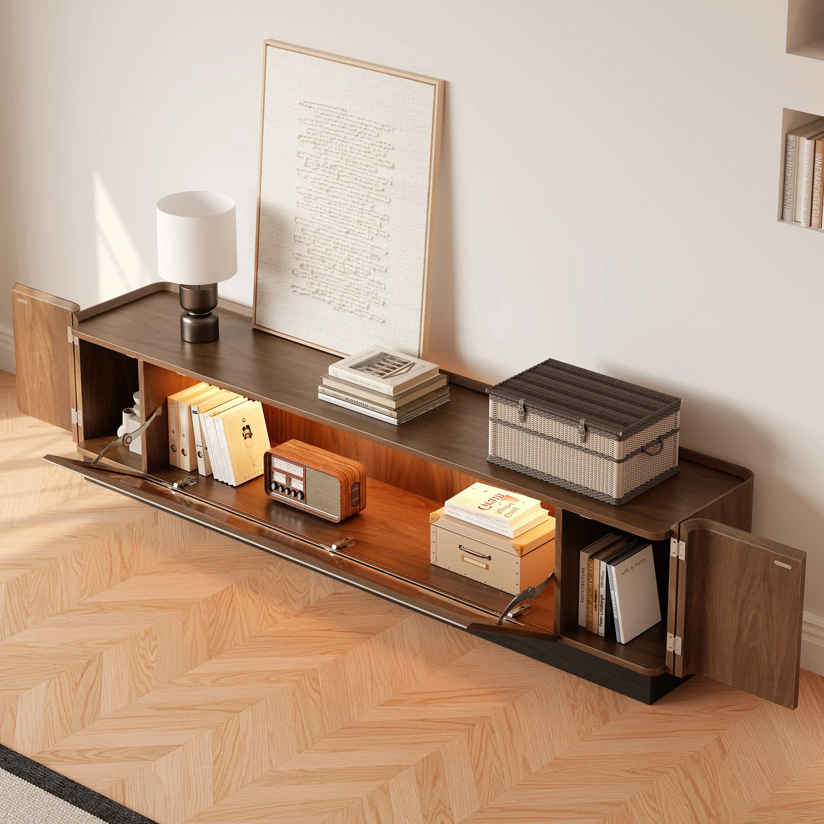 Meuble TV Noyer 200 cm avec portes en verre, rangement et LED