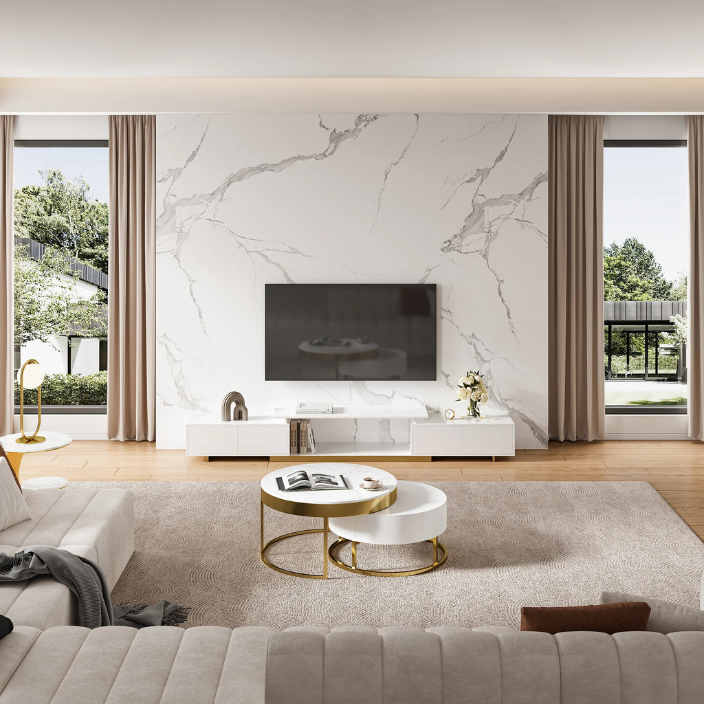 Ensemble meuble TV extensible brillant et table basse gigogne