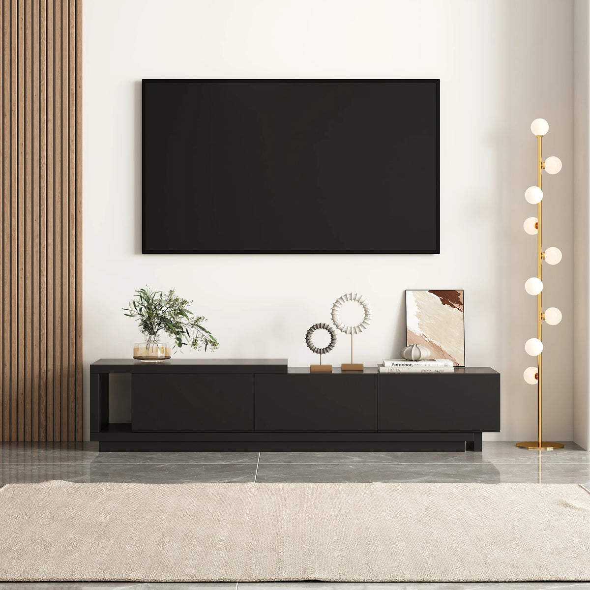 Meuble TV extensible Quoint 180 à 255 cm avec 3 tiroirs Noir