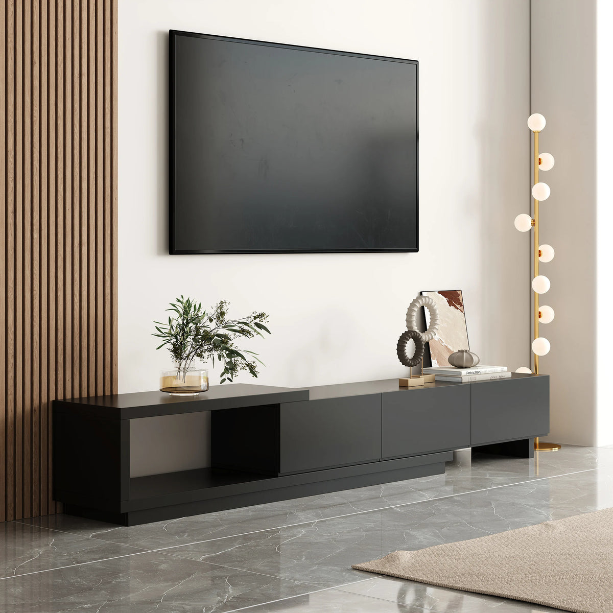 Meuble TV extensible Quoint 180 à 255 cm avec 3 tiroirs Noir